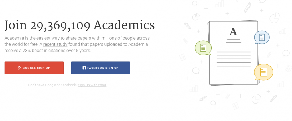 Academia.edu's new landing page, emphasizing account-creation over paper-finding